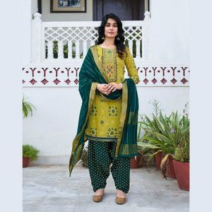 Bandhej Patiala Suit in Lime Green and contrast Dupatta